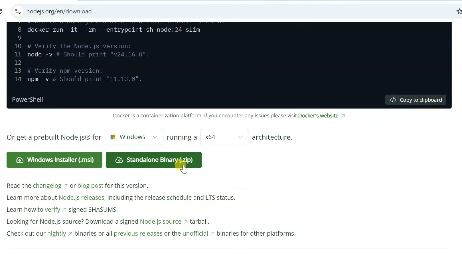 Official Node.js download page showing the Windows installer option