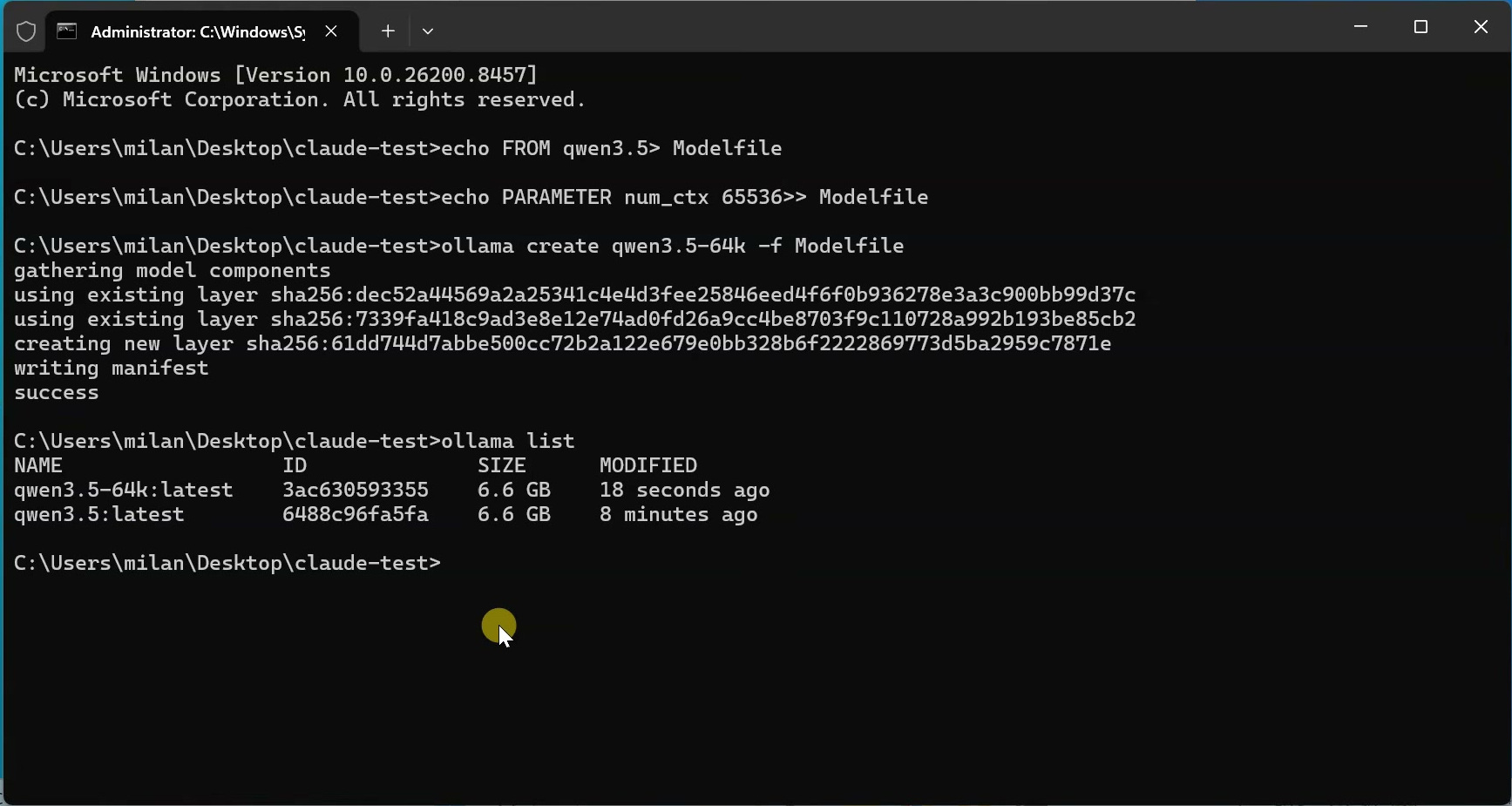 Windows Terminal showing successful creation of the qwen3.5-64k Ollama model