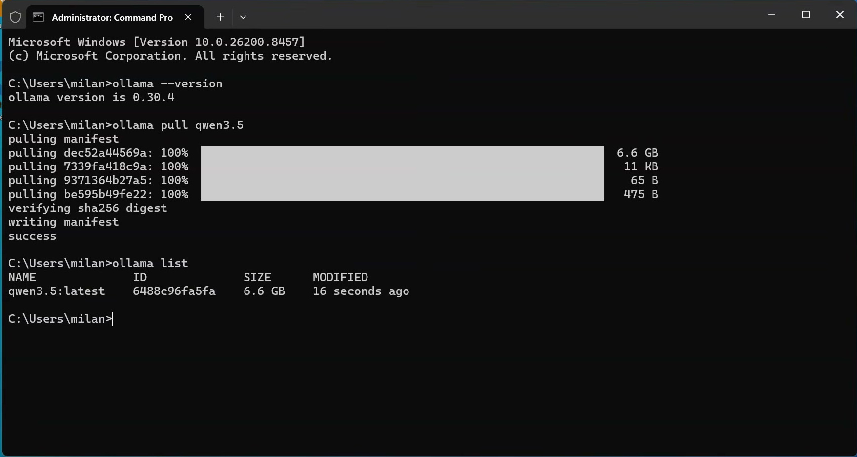 Windows Terminal showing a completed Qwen 3.5 Ollama download and the installed model list