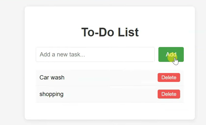 Generated to-do app in Chrome showing added tasks and Delete buttons