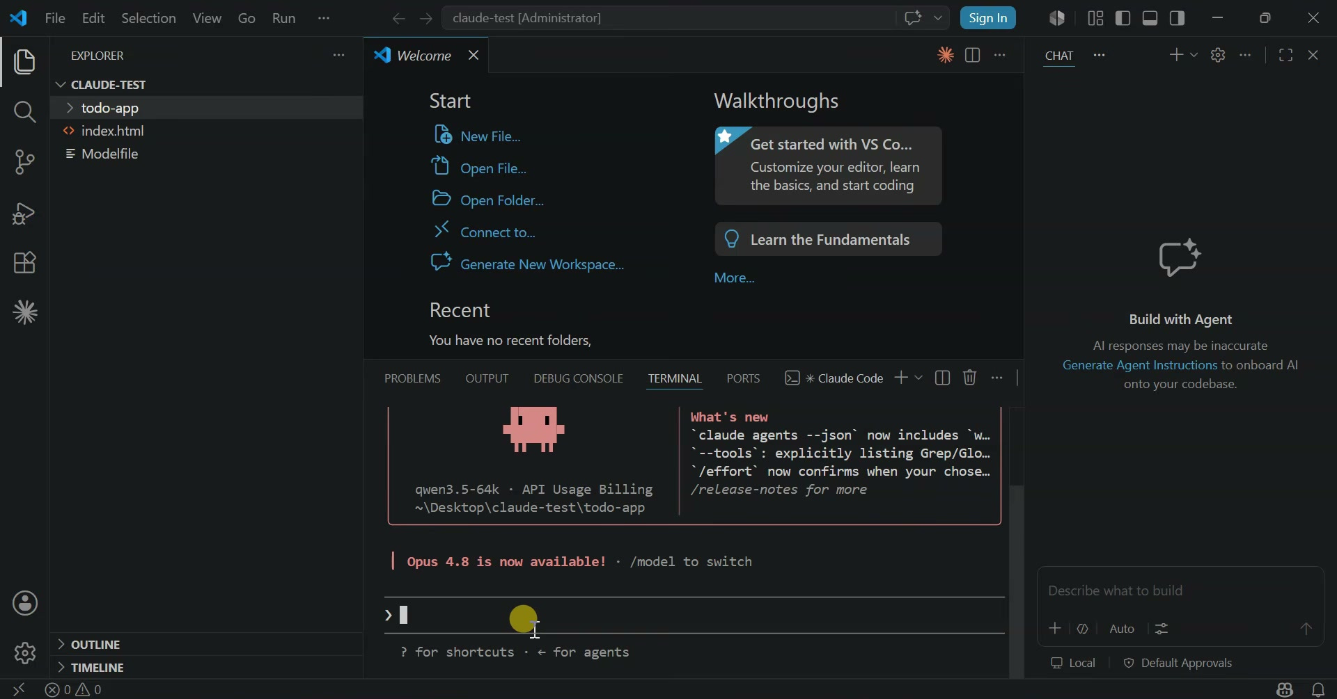 Visual Studio Code with Claude Code running in the integrated terminal using qwen3.5-64k
