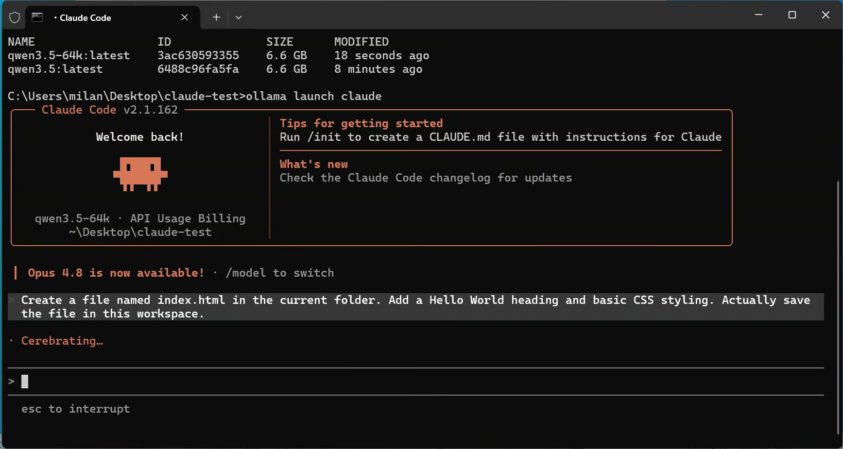 Claude Code terminal interface running with the local qwen3.5-64k Ollama model