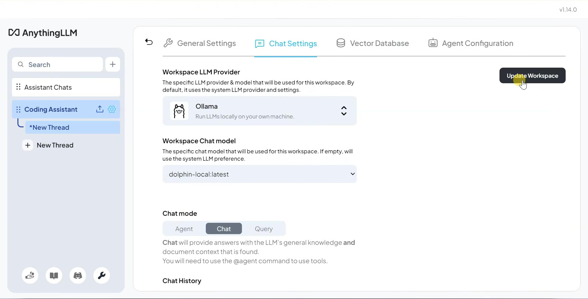 AnythingLLM workspace configured with Ollama, a local model, and Chat mode