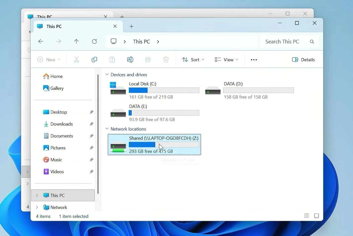 This PC showing the Shared network folder mapped as drive Z under Network locations.