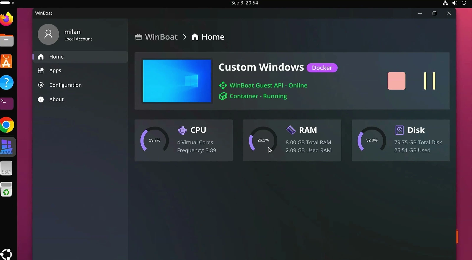 WinBoat Home dashboard with the Guest API online and Windows container running