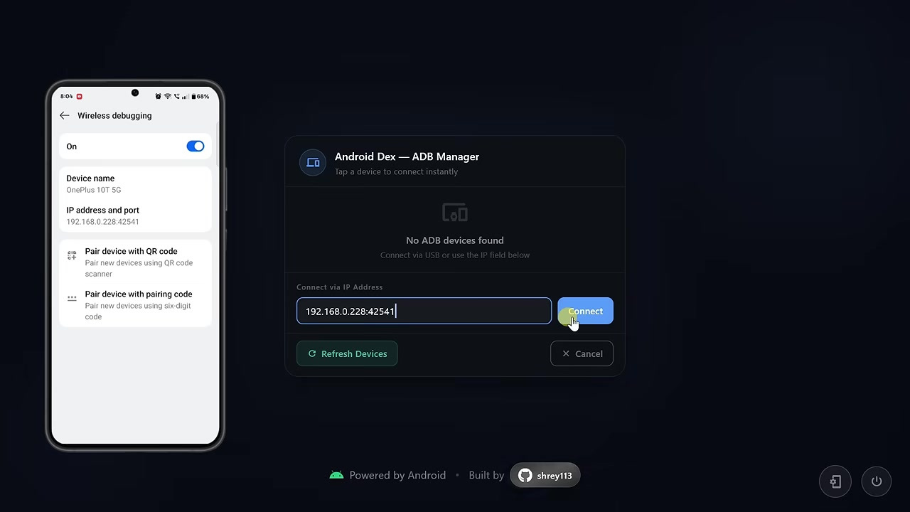 Wireless debugging IP address and port entered in Android Dex ADB Manager