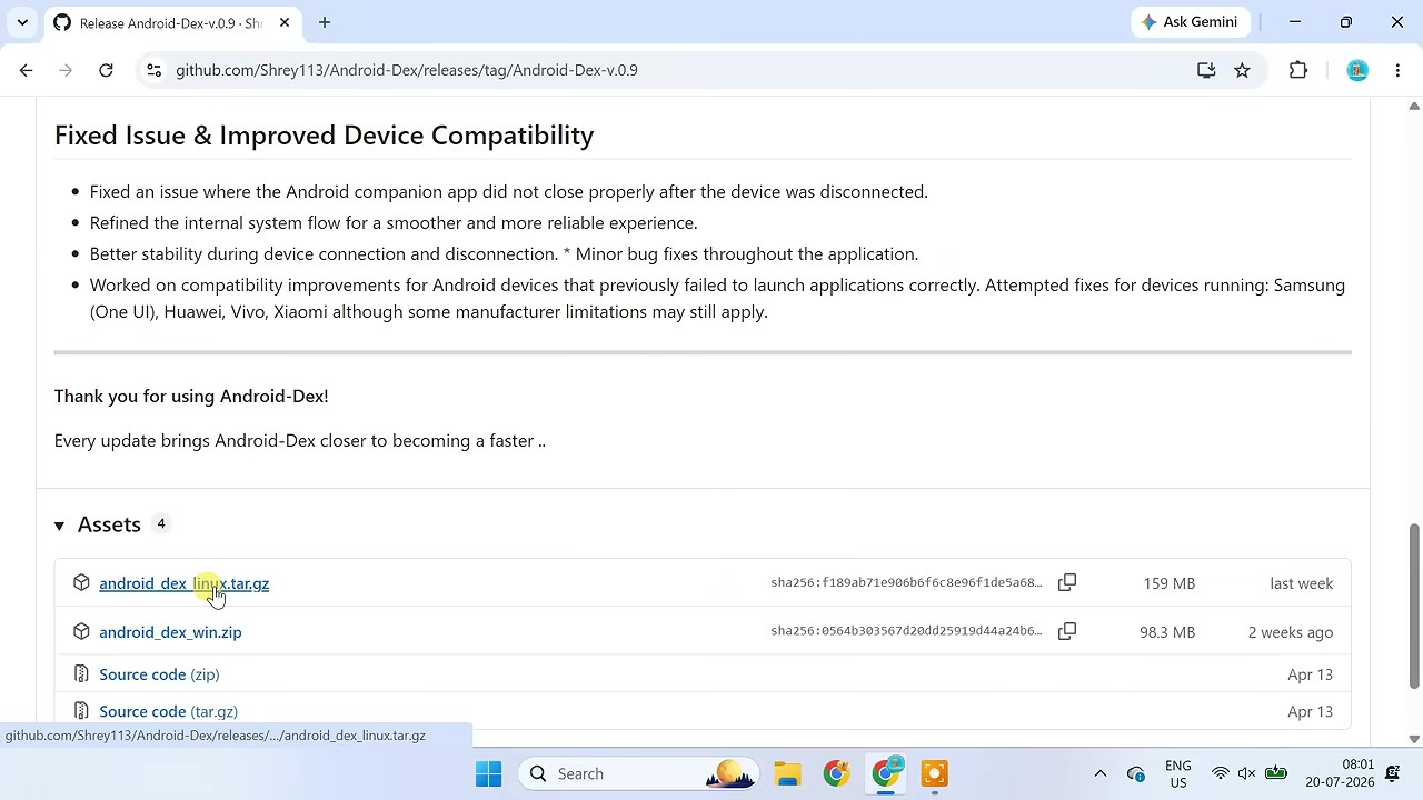 Android-Dex GitHub release Assets showing Windows and Linux downloads