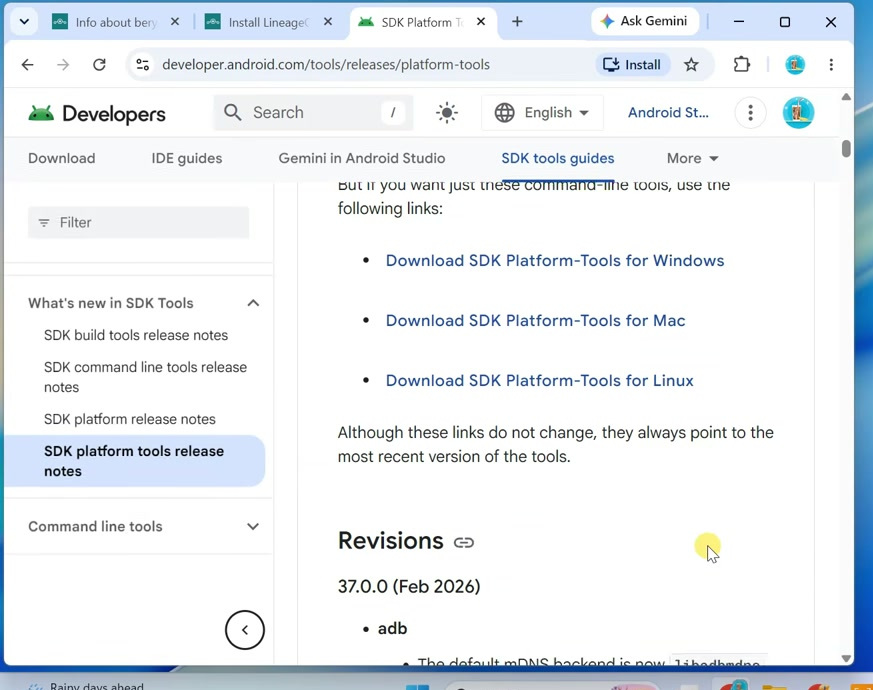 Official Android Developers page with the SDK Platform Tools download for Windows