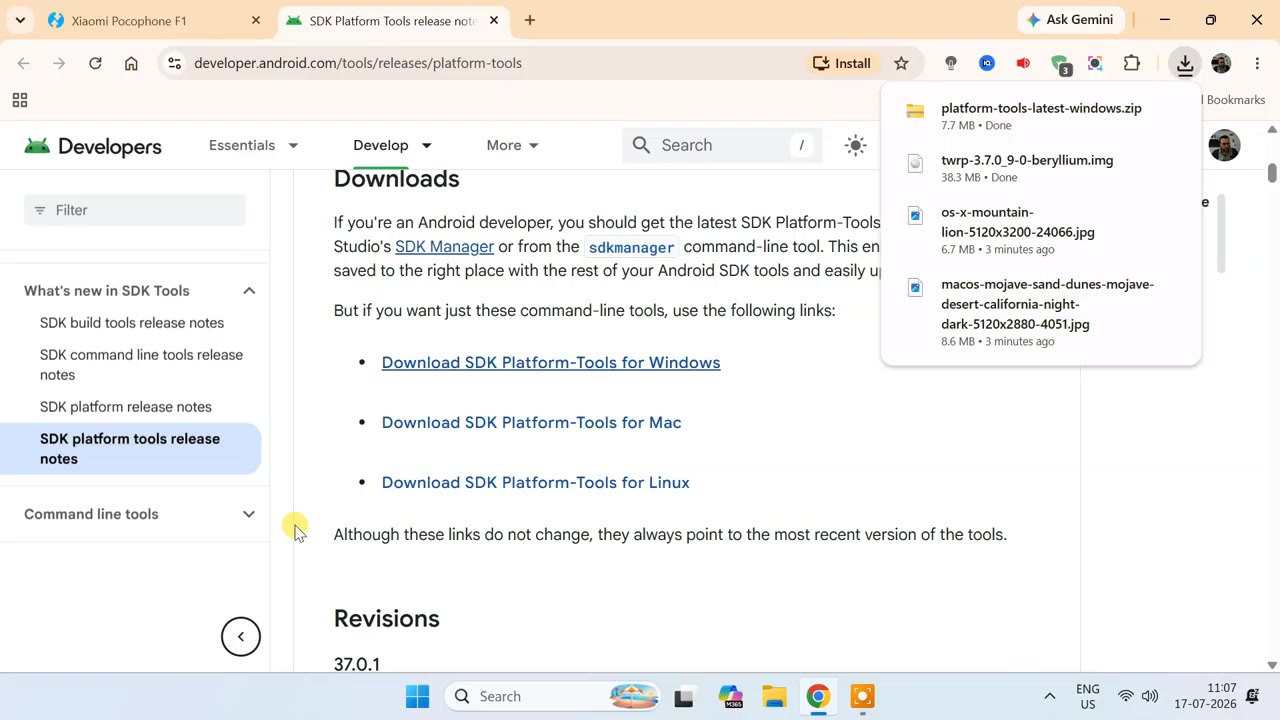 Android Developers page with the SDK Platform-Tools for Windows download link