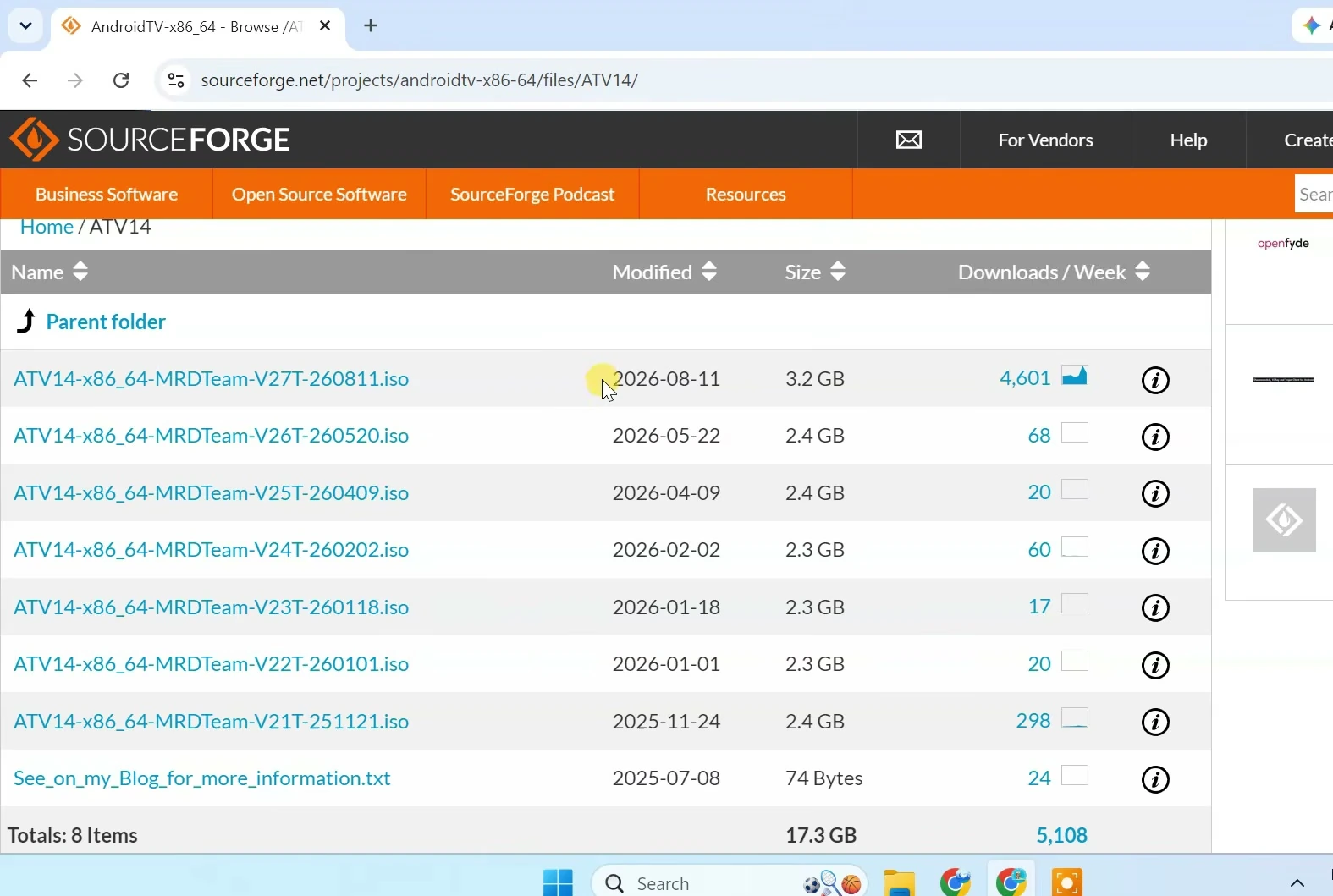 SourceForge ATV14 folder listing Android TV x86_64 ISO releases