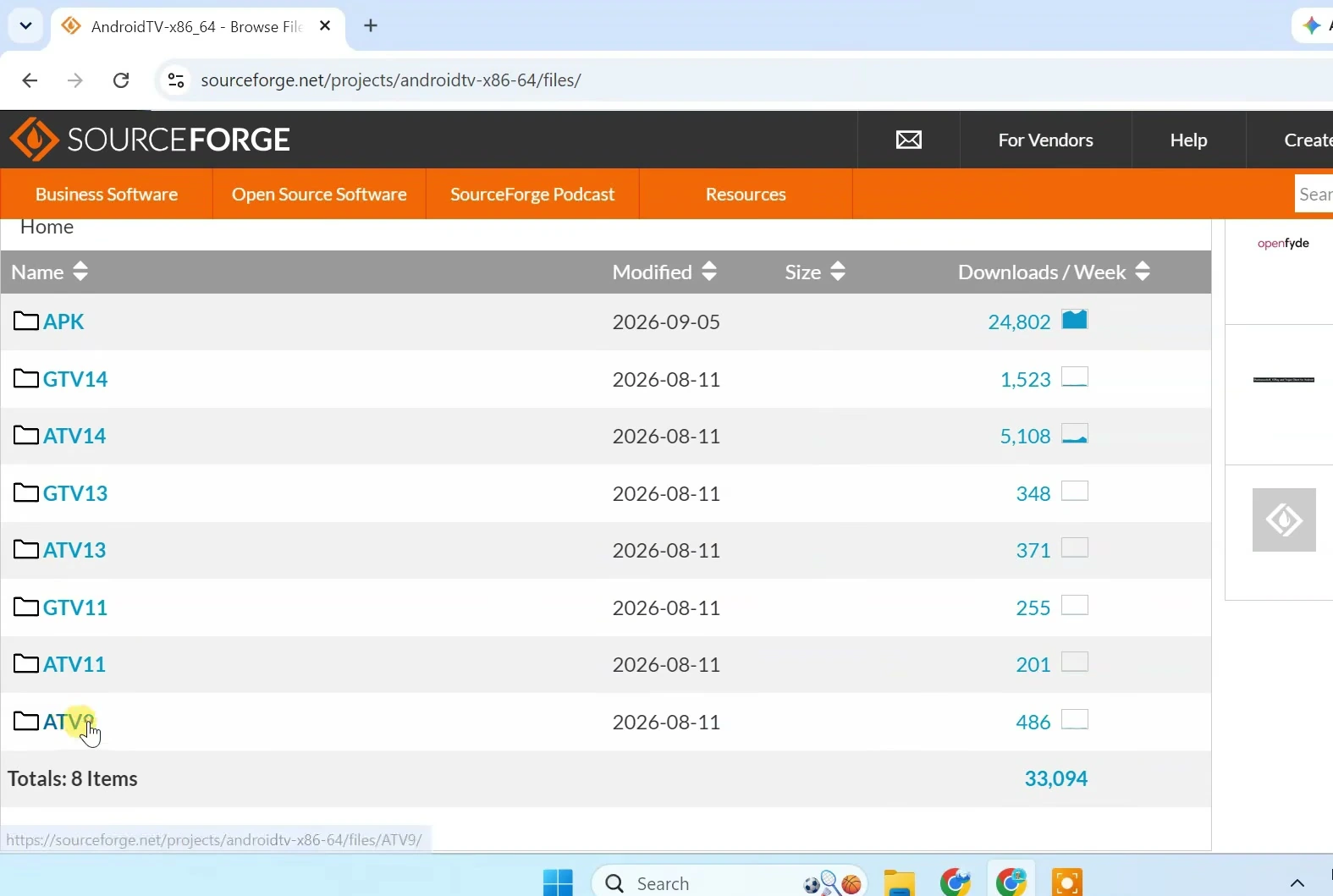 SourceForge AndroidTV-x86_64 files page with the ATV14 folder listed