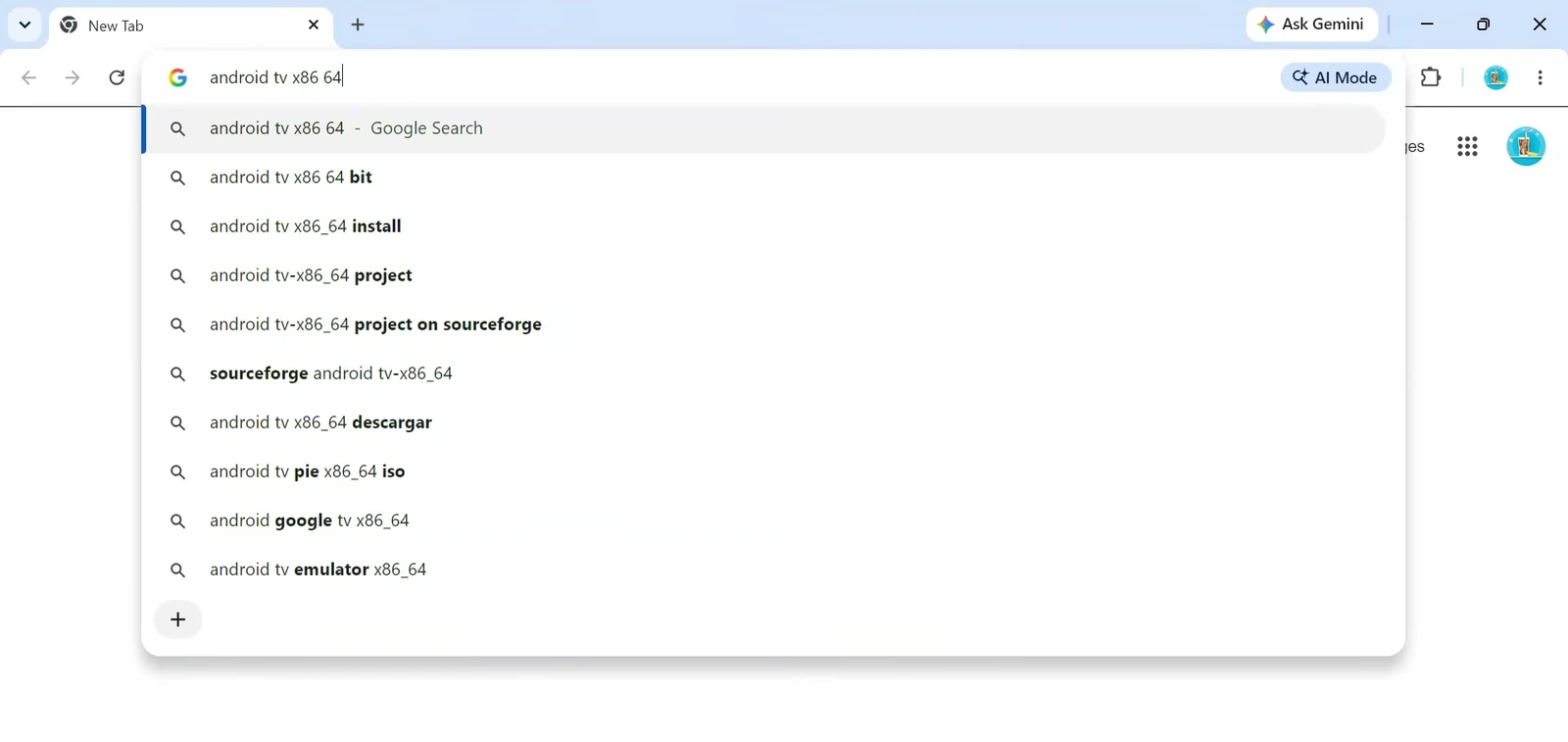 Chrome search bar with android tv x86 64 entered
