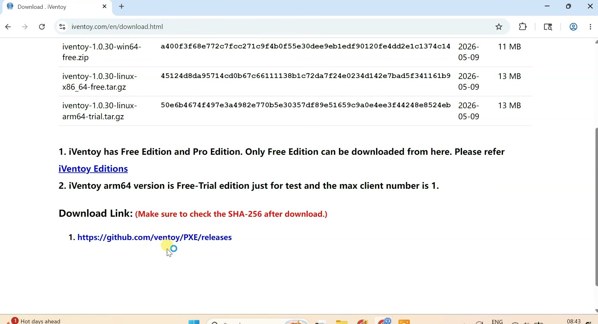 Official iVentoy download page with the Windows 64-bit free package and GitHub releases link