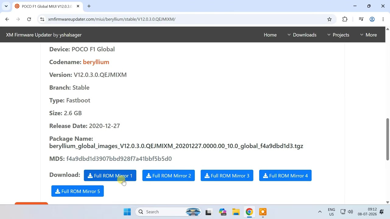 POCO F1 firmware page showing the matching MIUI version and Fastboot ROM download