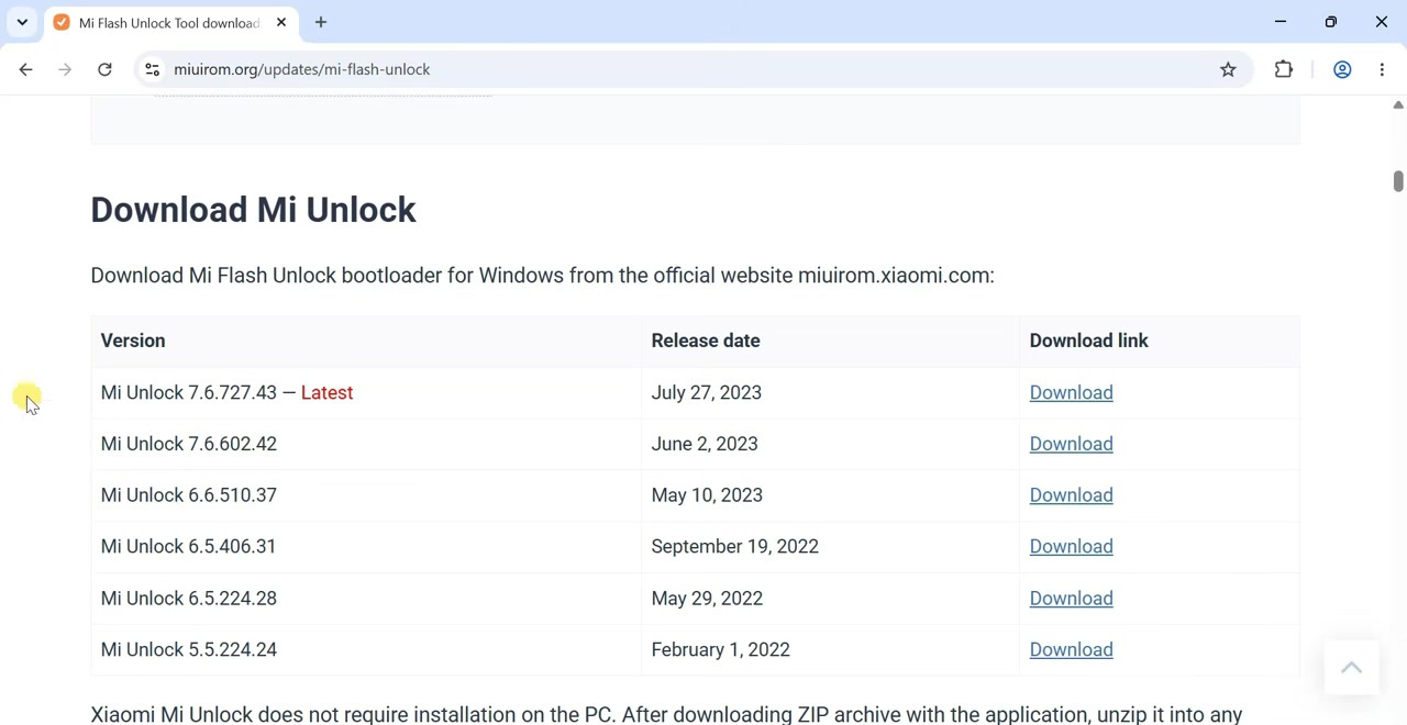 Mi Unlock Tool download page open on a Windows computer
