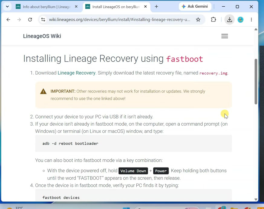 Official LineageOS guide explaining how to download the recovery image
