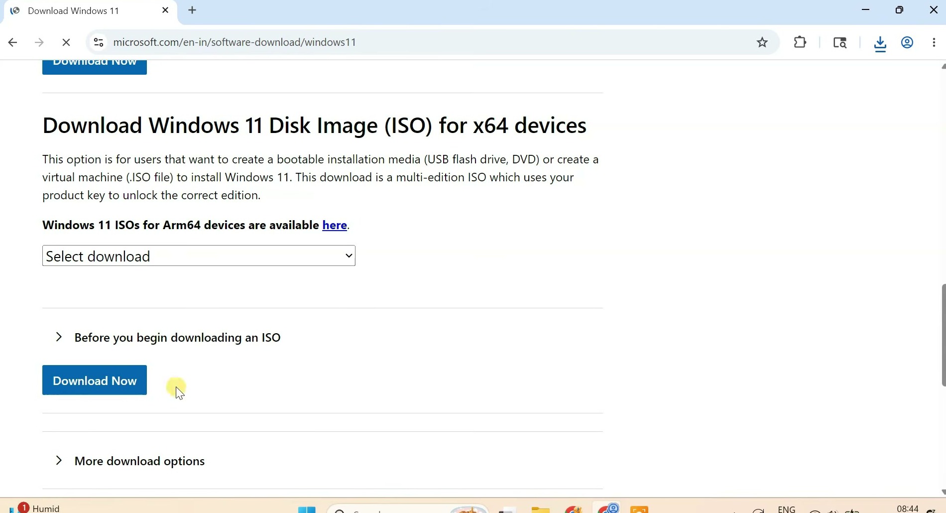 Microsoft Download Windows 11 page showing the disk image ISO download section