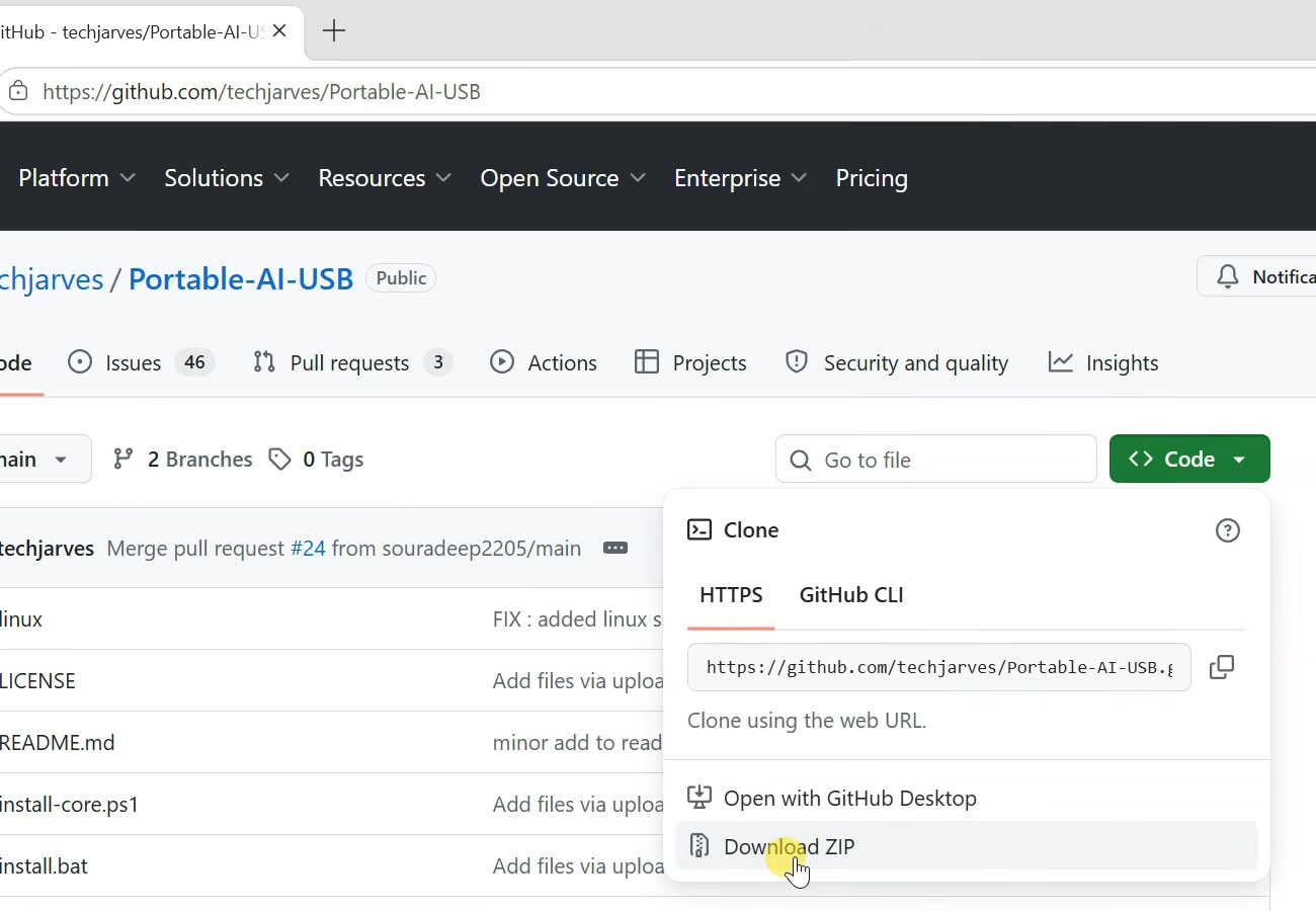 GitHub Code menu with Download ZIP selected for Portable-AI-USB