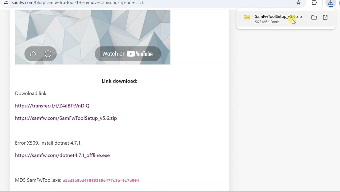 SamFW Tool download link open in a Windows web browser