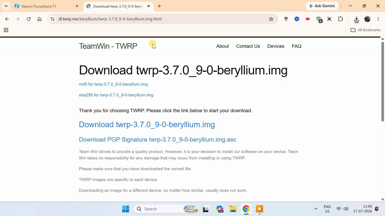 Official download page for the TWRP beryllium recovery image