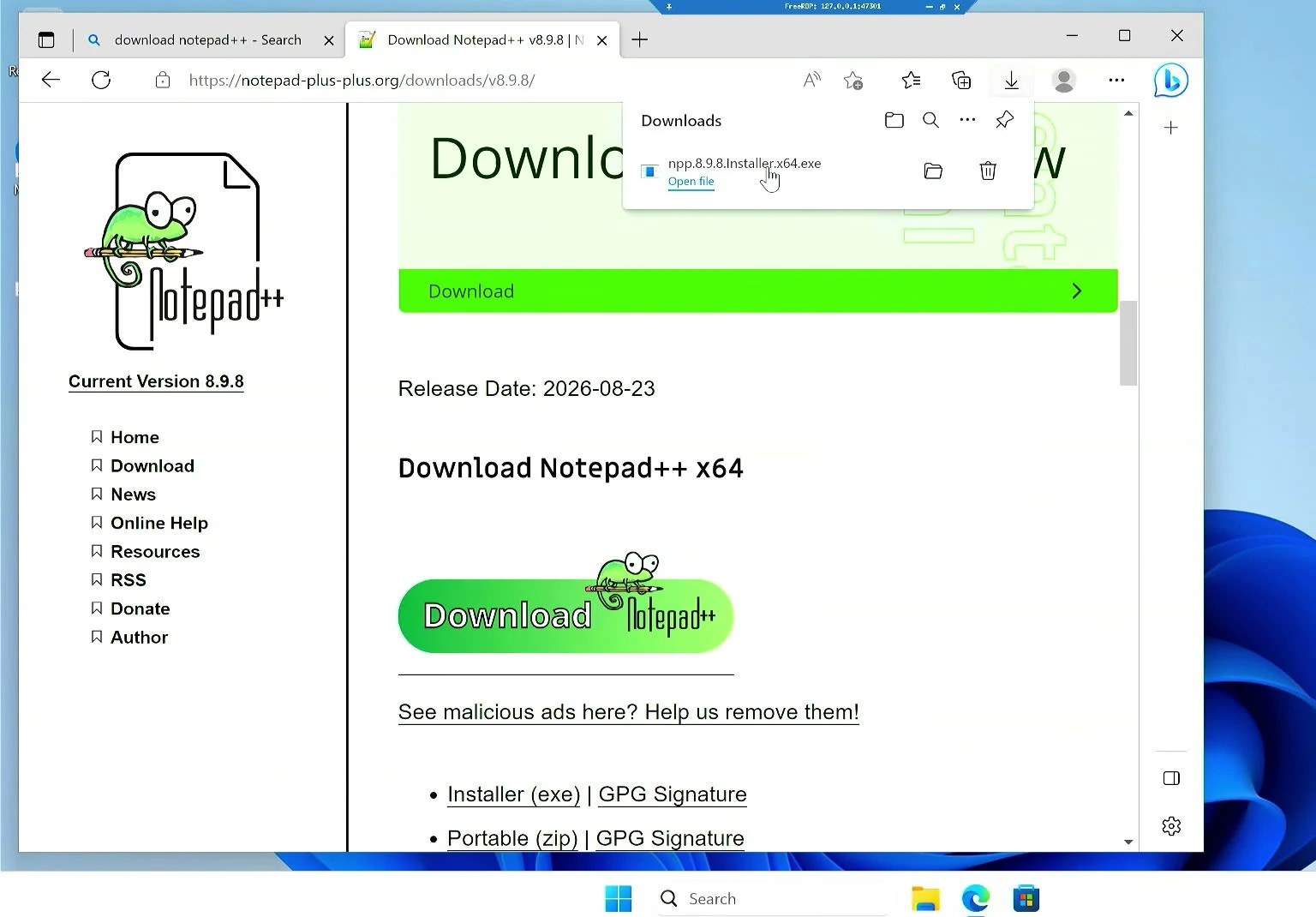 Microsoft Edge in WinBoat Windows shows the Notepad++ x64 installer download