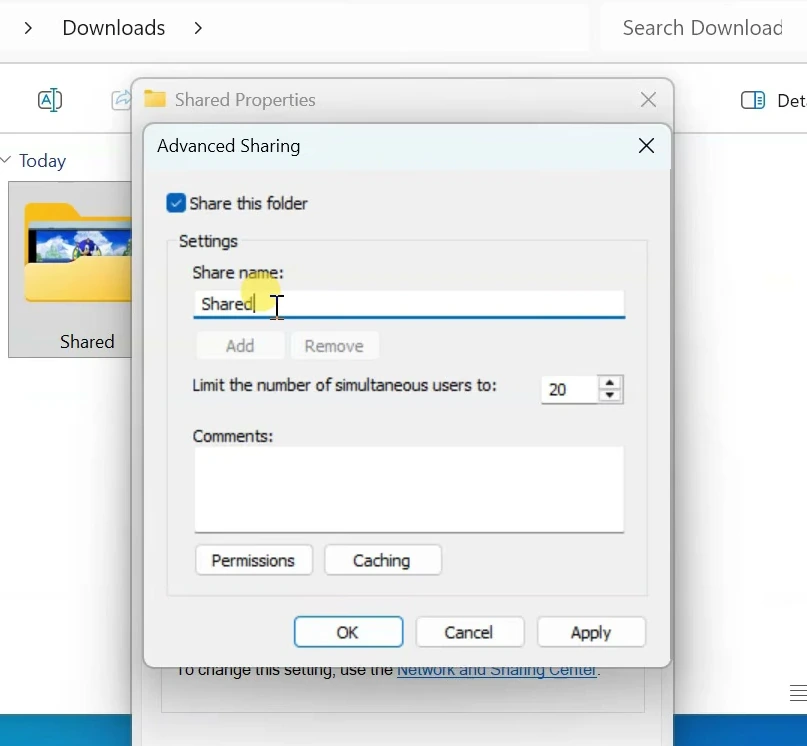Windows Advanced Sharing dialog with Share this folder checked and the share name set to Shared.