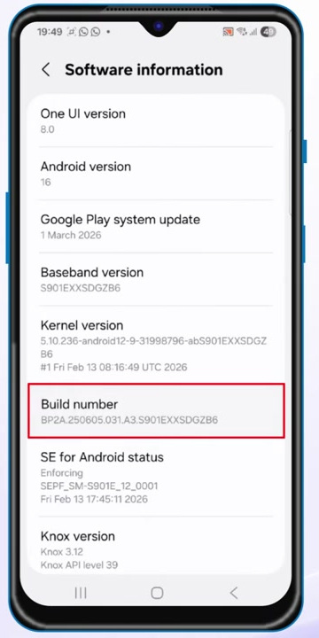 Build number highlighted in Android Software information settings