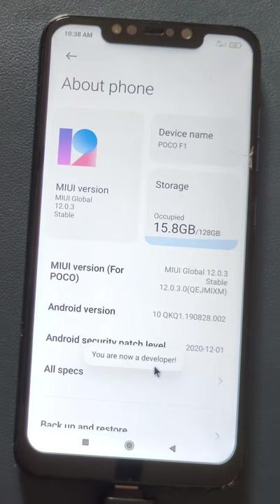 MIUI About phone screen showing the developer options enabled message