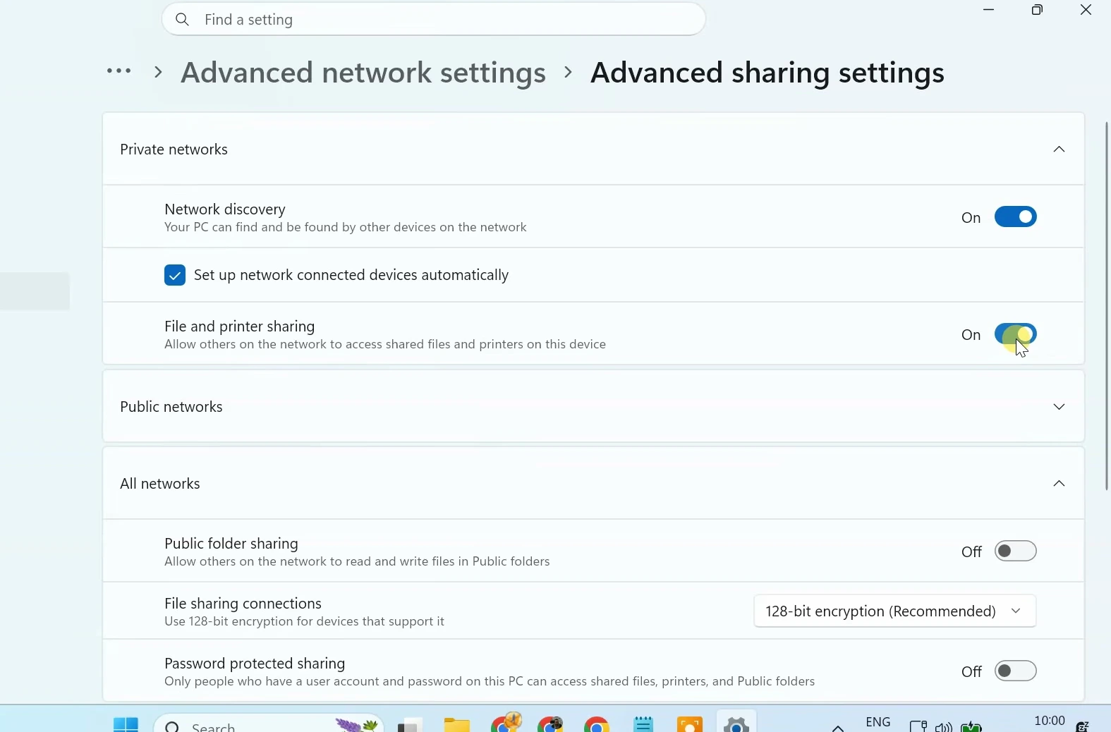 Windows Advanced sharing settings with Network discovery and File and printer sharing turned on for Private networks.