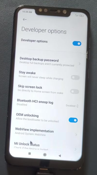 MIUI Developer options screen with OEM unlocking enabled