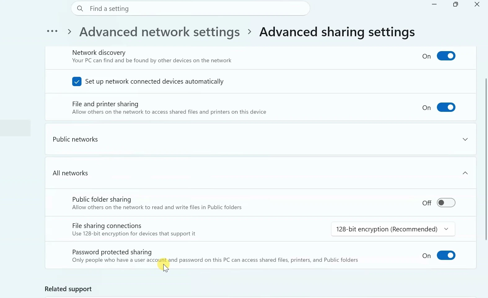 Windows Advanced sharing settings showing Password protected sharing switched on under All networks.