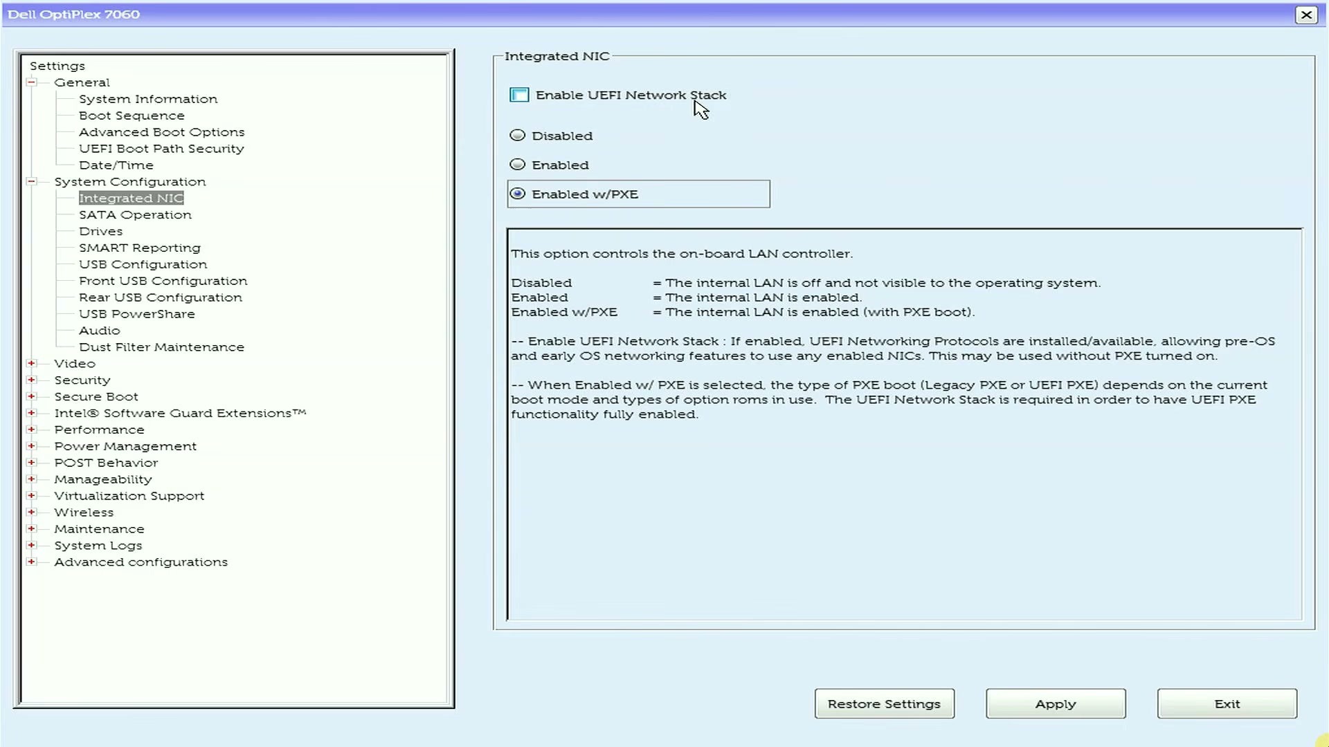 Dell UEFI settings with the integrated network card enabled with PXE networking