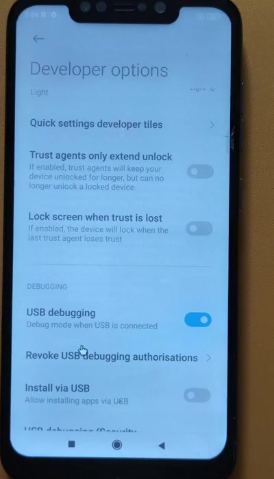 Android Developer options with USB debugging enabled