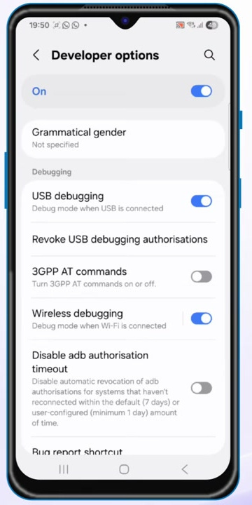 USB debugging and Wireless debugging enabled in Android Developer options