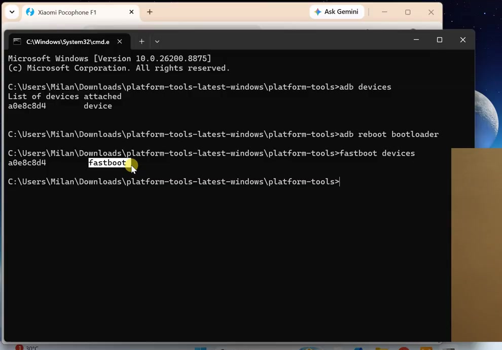 Command Prompt showing a phone detected in Fastboot mode