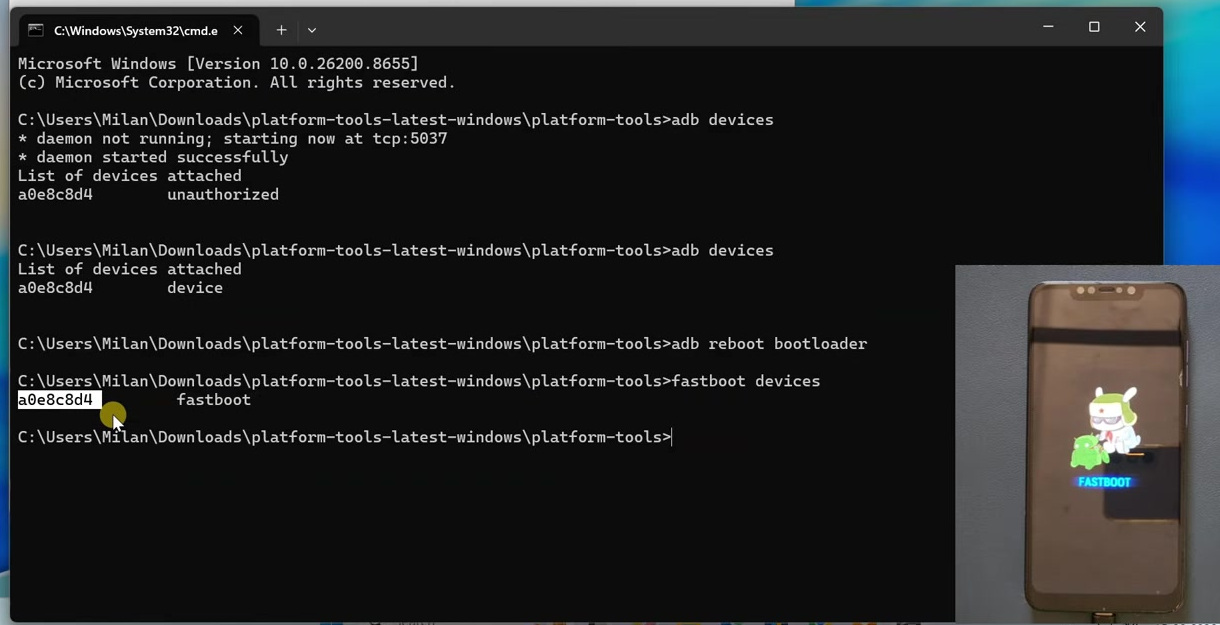 Fastboot devices command detecting the POCO F1 in Fastboot mode
