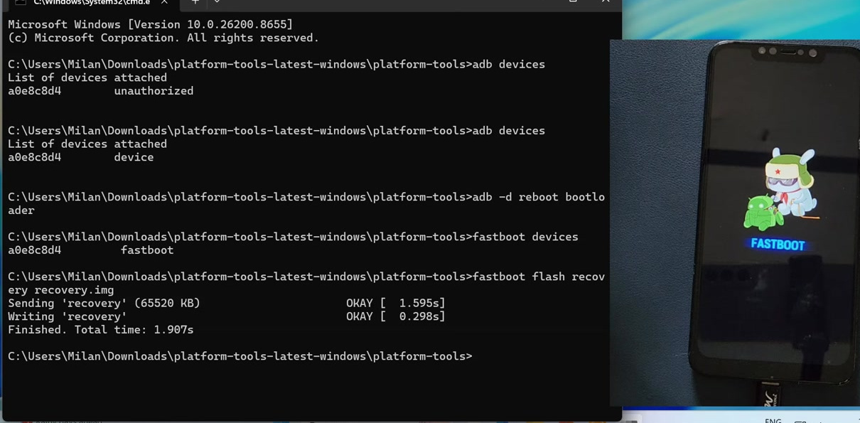 Command Prompt showing a successful Fastboot flash of the LineageOS recovery image