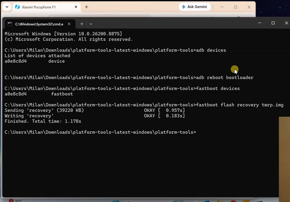 Command Prompt showing a successful fastboot flash recovery operation