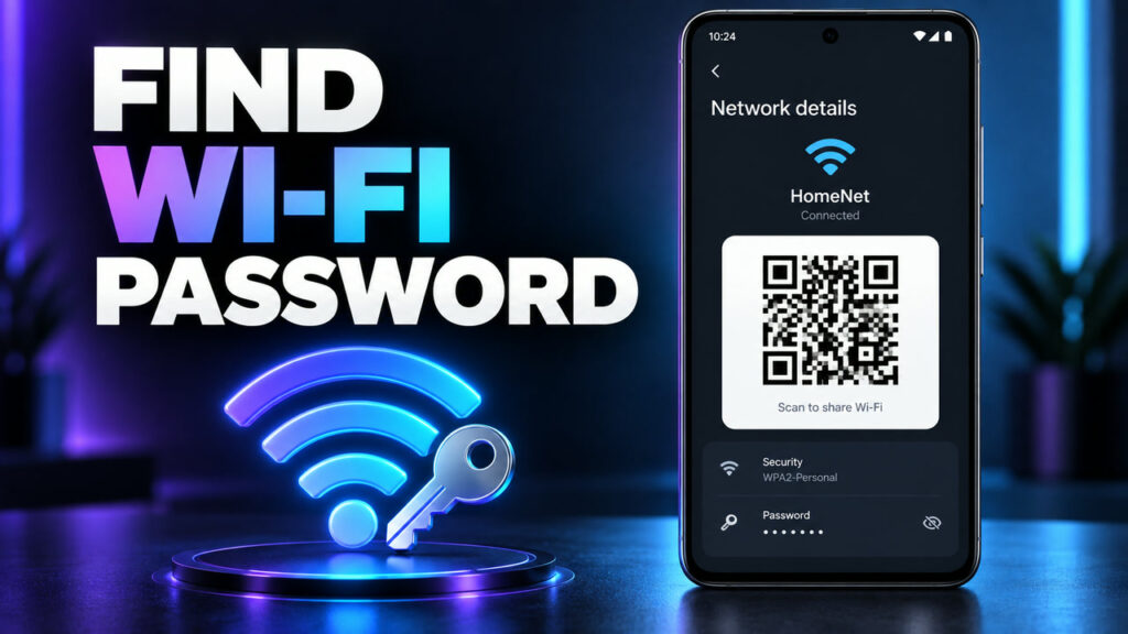 Android Wi-Fi network screen beside the text Find Wi-Fi Password