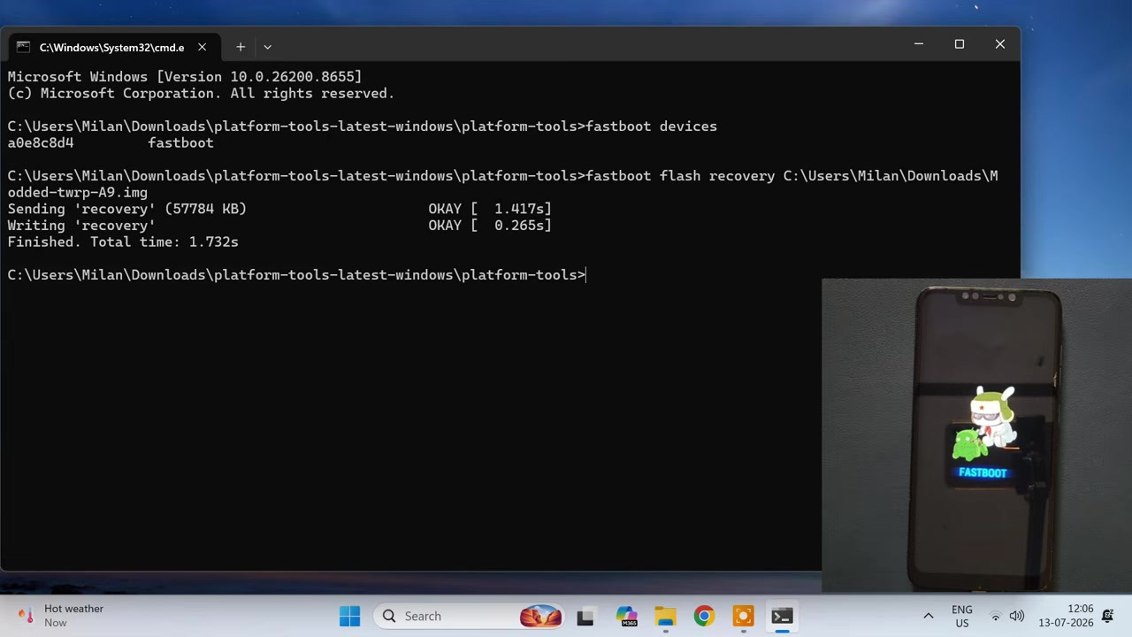 Command Prompt showing a successful fastboot flash recovery operation for modified TWRP