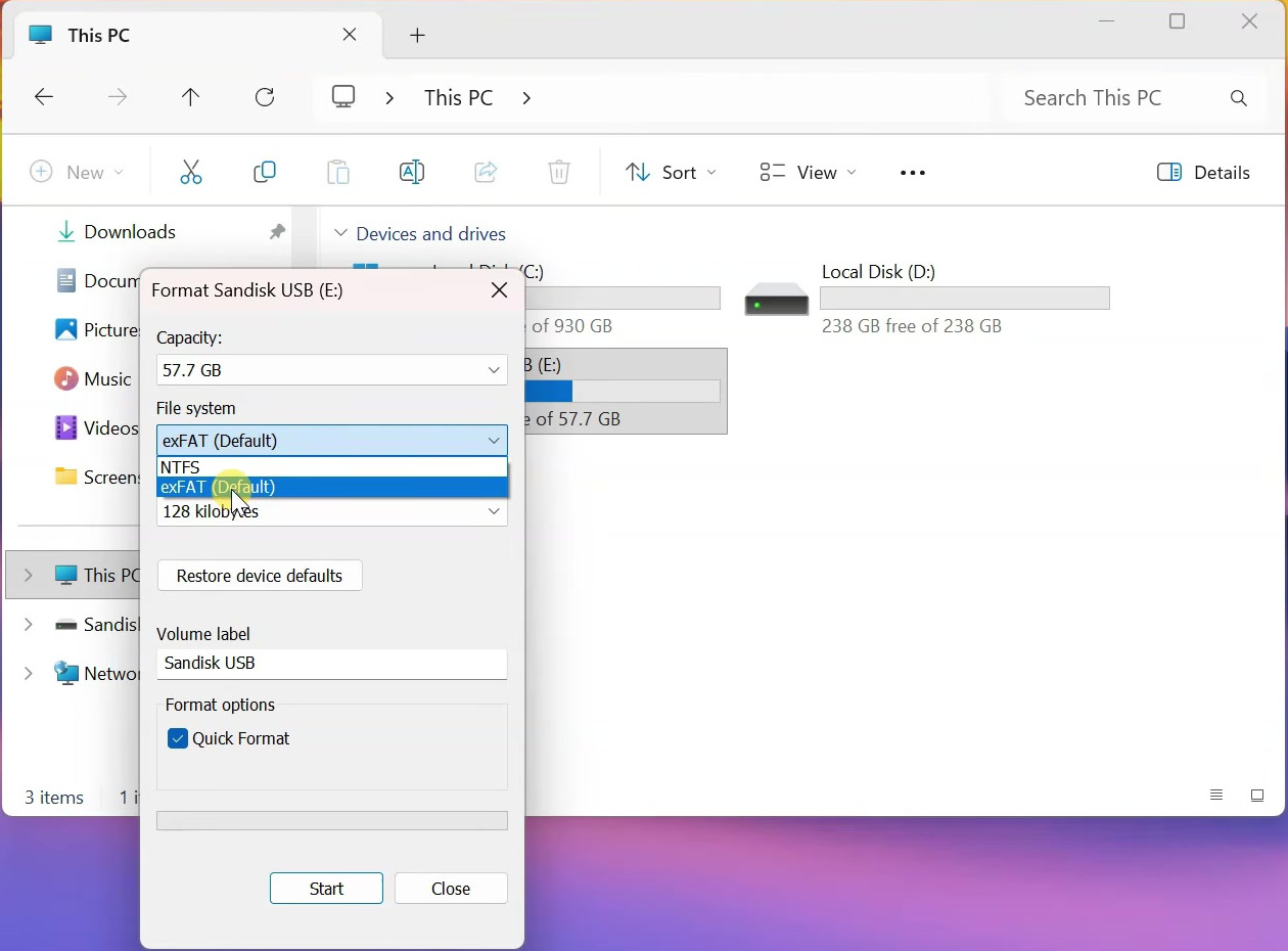 Windows Format dialog with exFAT selected for a USB drive