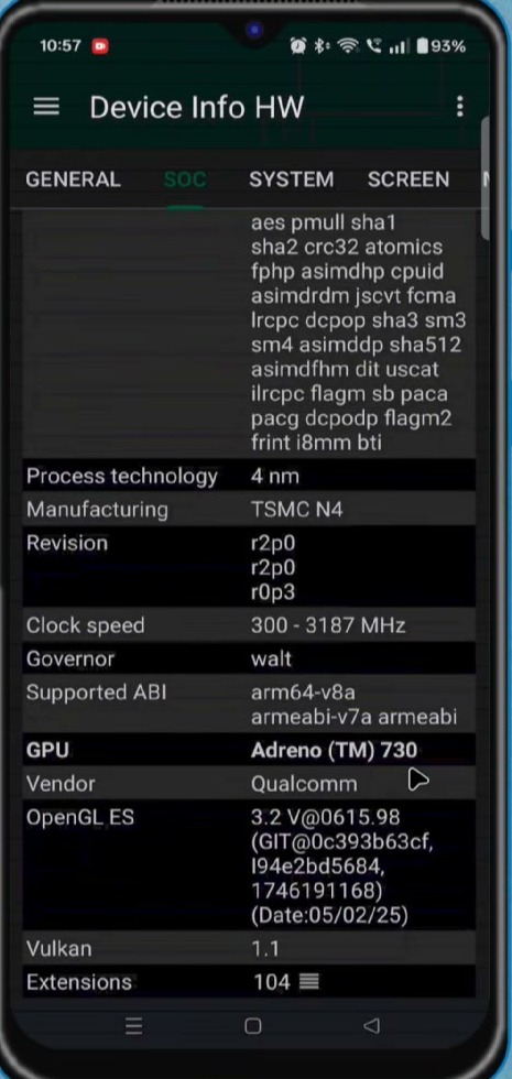 Device Info HW showing the Android phone SoC and Adreno GPU details