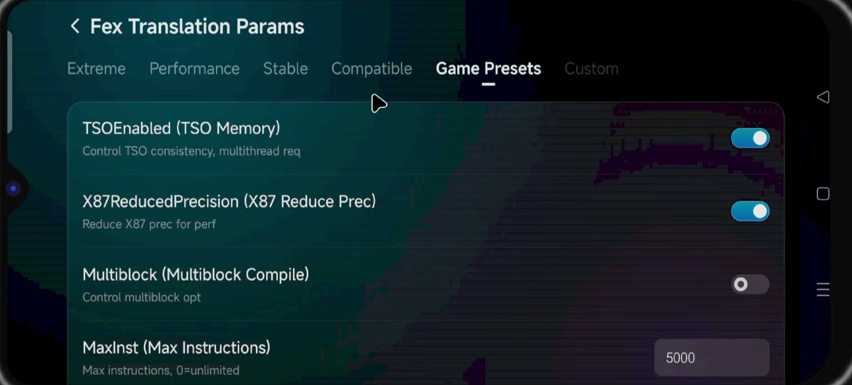 GameHub Fex Translation Params page with Extreme, Performance, Stable, Compatible, and Game Presets tabs