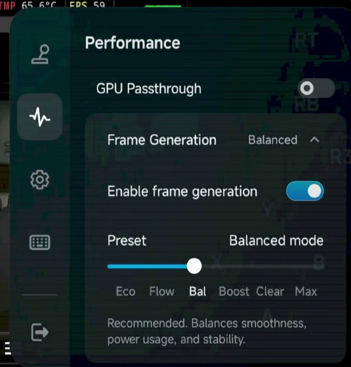 GameHub performance panel showing frame generation settings