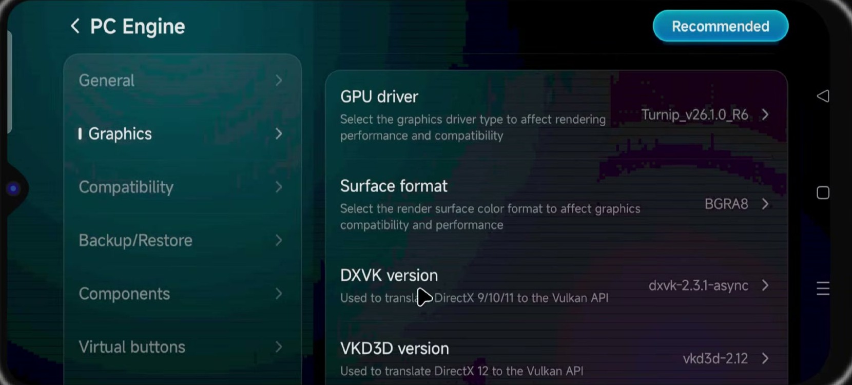 GameHub PC Engine graphics page showing GPU driver, DXVK, and VKD3D selections