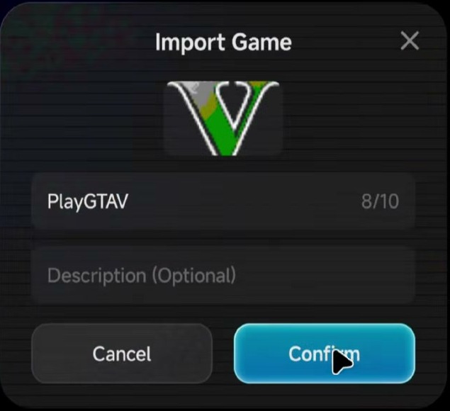 GameHub Import Game dialog with the Confirm button