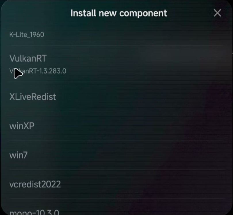GameHub Install new component list showing Vulkan runtime and Visual C++ redistributable choices
