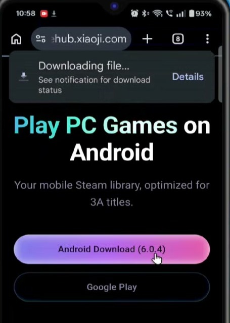 Official GameHub website with the Android Download and Google Play buttons