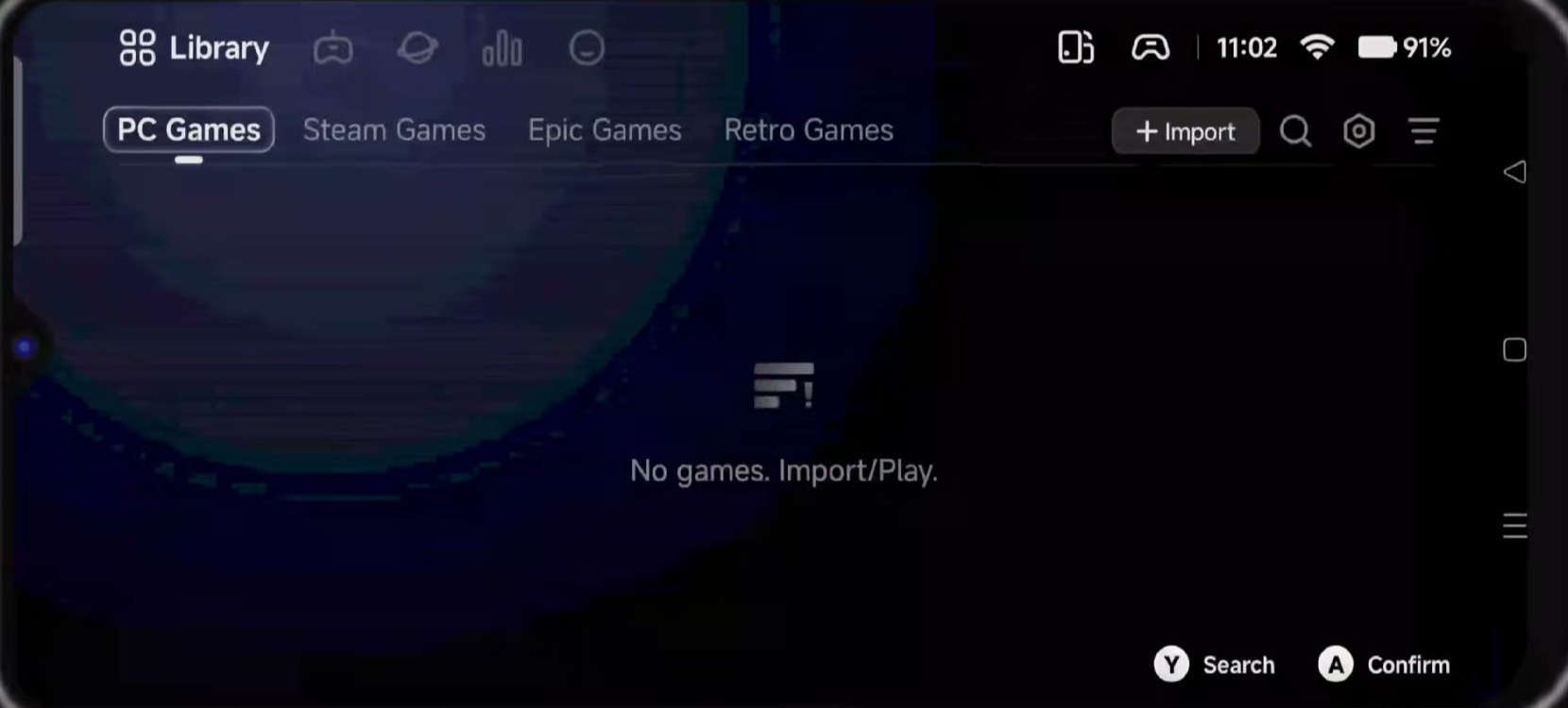 GameHub PC Games page with the Import button