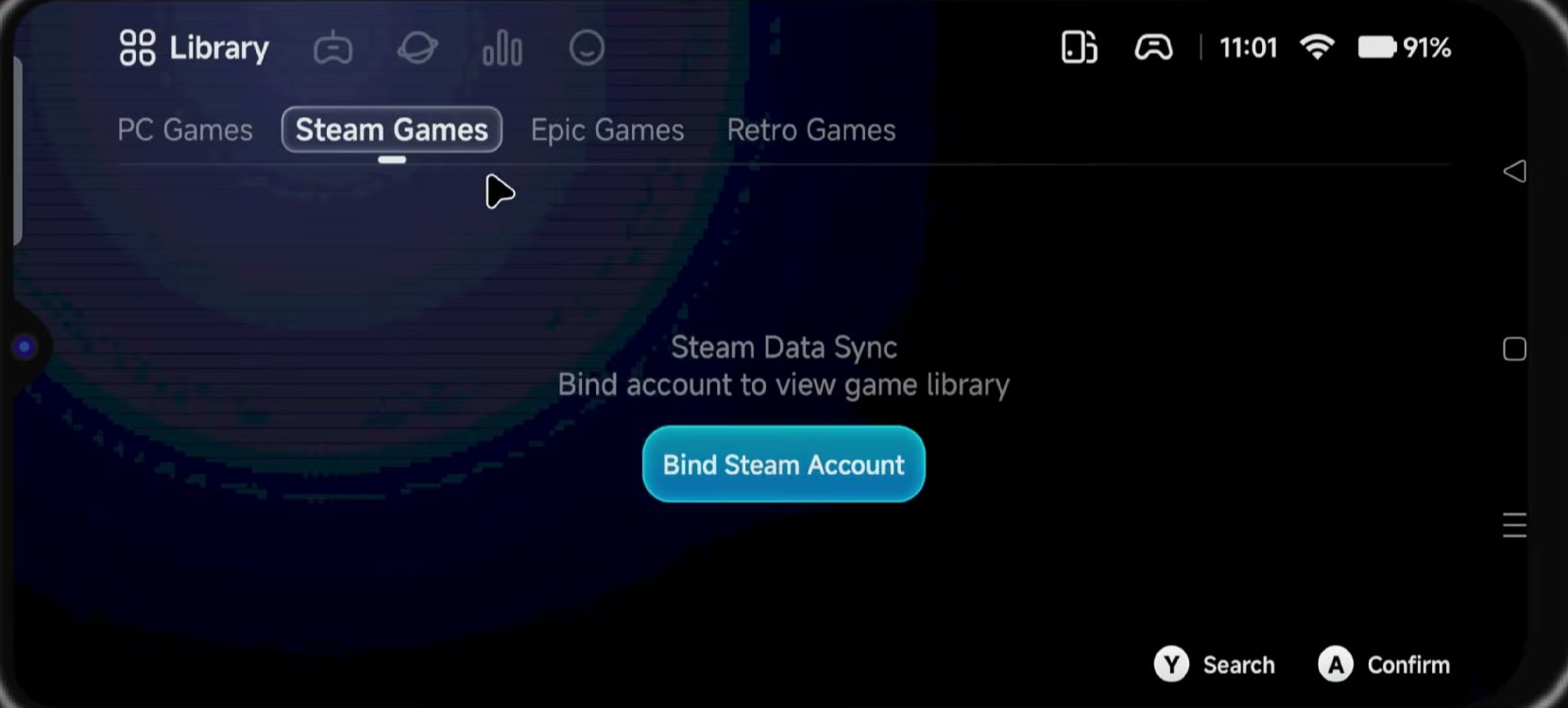 GameHub landscape interface showing PC Games, Steam Games, Epic Games, and Retro Games tabs